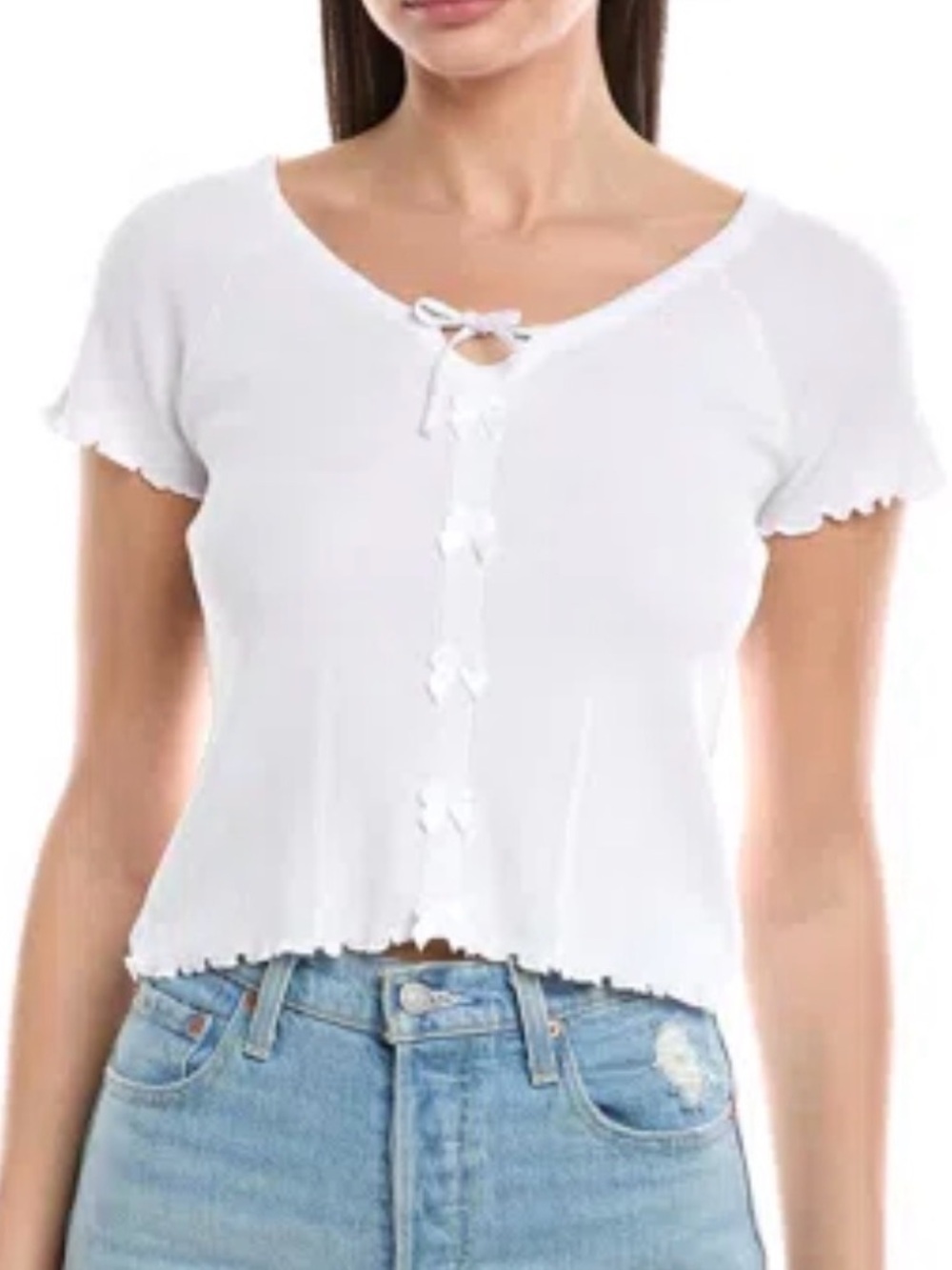 Cotton Emporium White Knit Bow Top Size M Coquette Tie Front Lettuce Trim